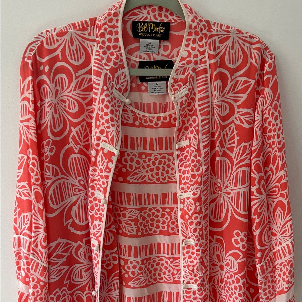 Bob Mackie Wearable Art Women’s XL Kimono/Tank Set Pink Silk Floral - Picture 3 of 16